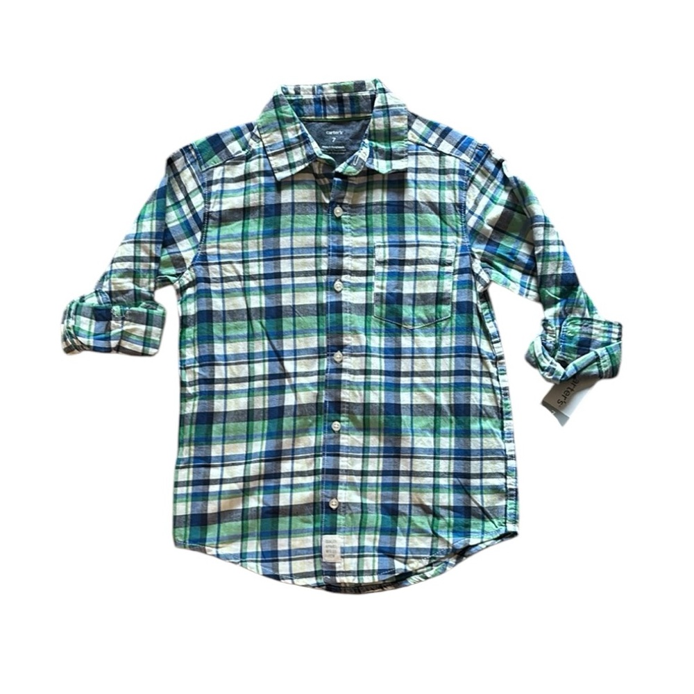 CARTERS Blue White Green Plaid Shirt, size 7
